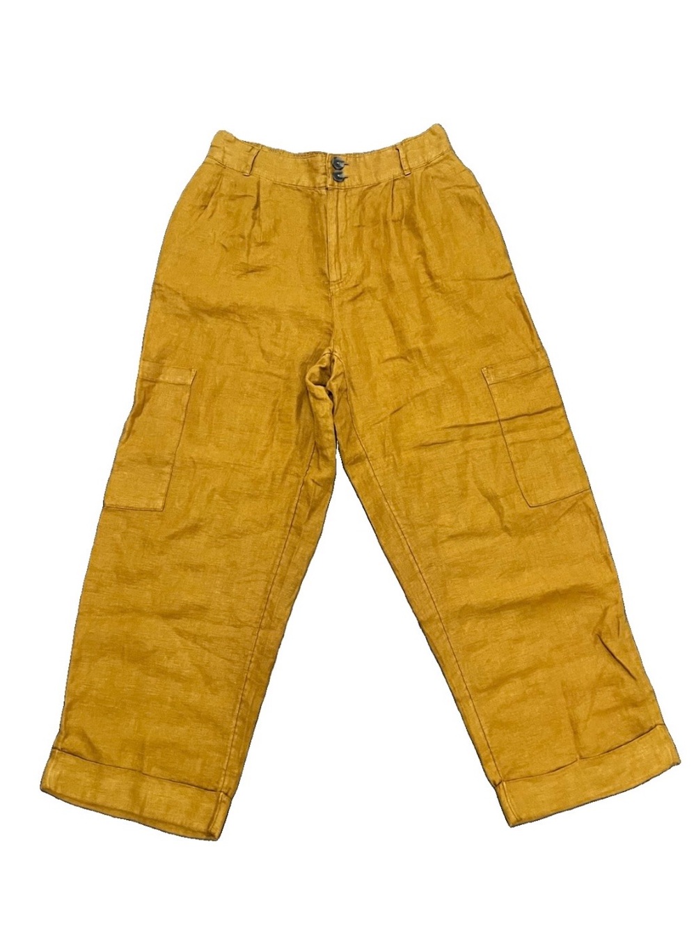 Halston 100% Linen Cargo Wide Leg Pants Spicy Brown Mustard Color Medium